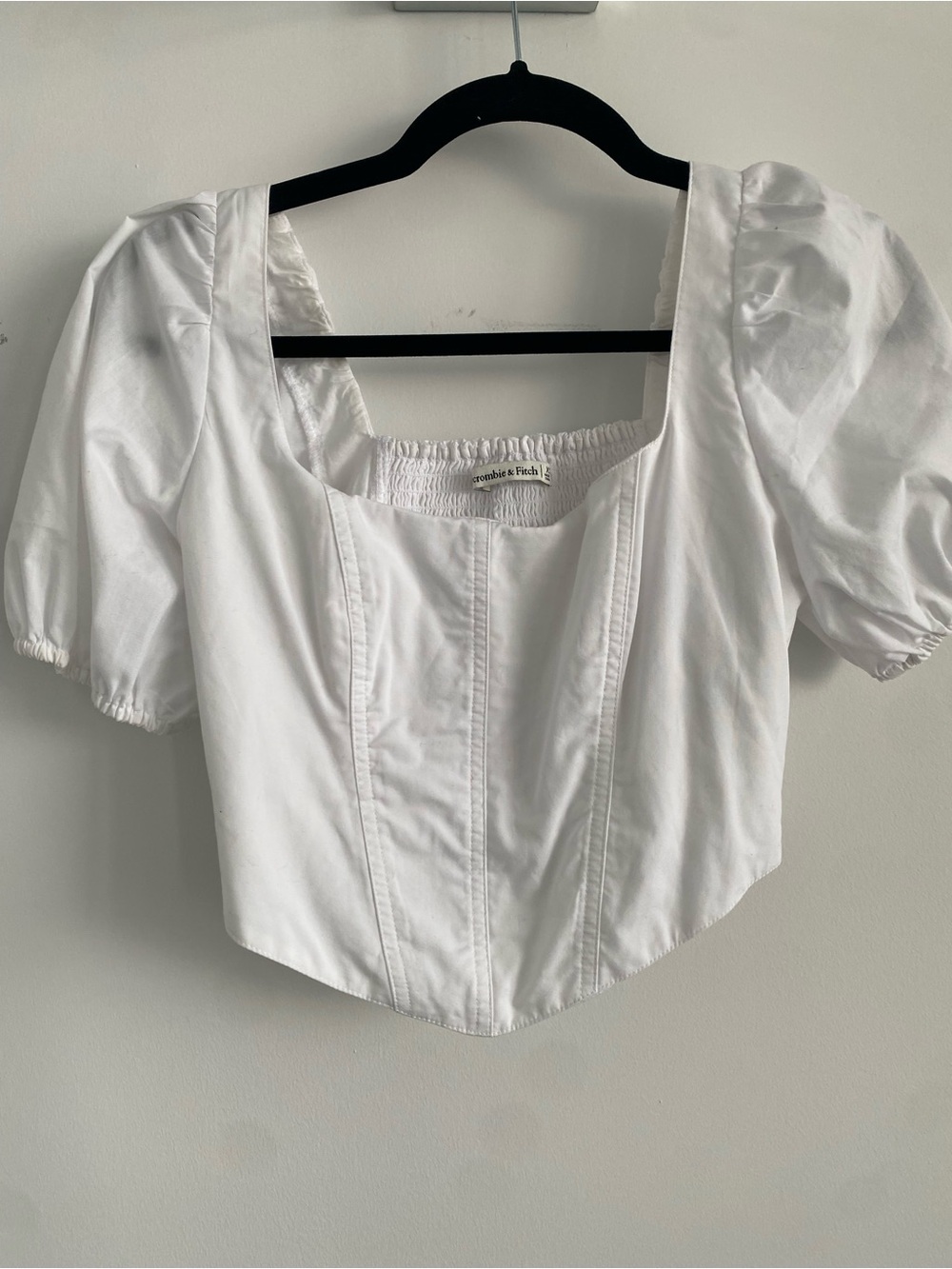 Abercrombie & Fitch White Square Neck Puff Sleeve Crop Top